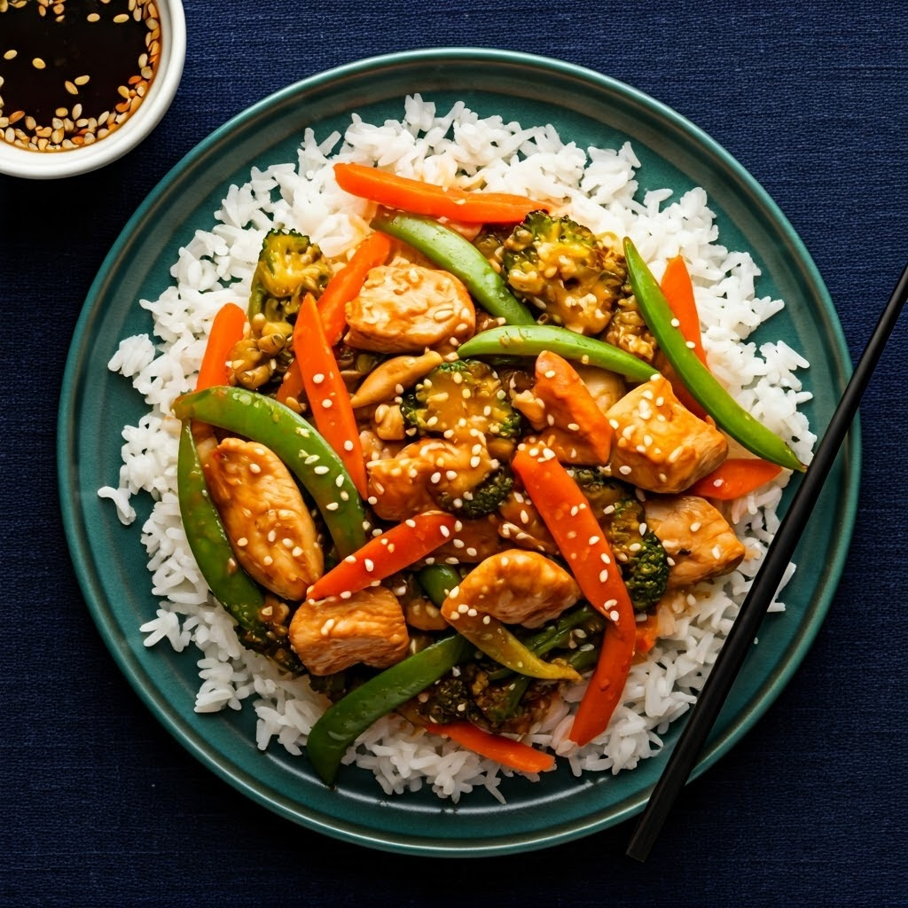 Quick Sautéed Chicken and Veggie Rice Bowl