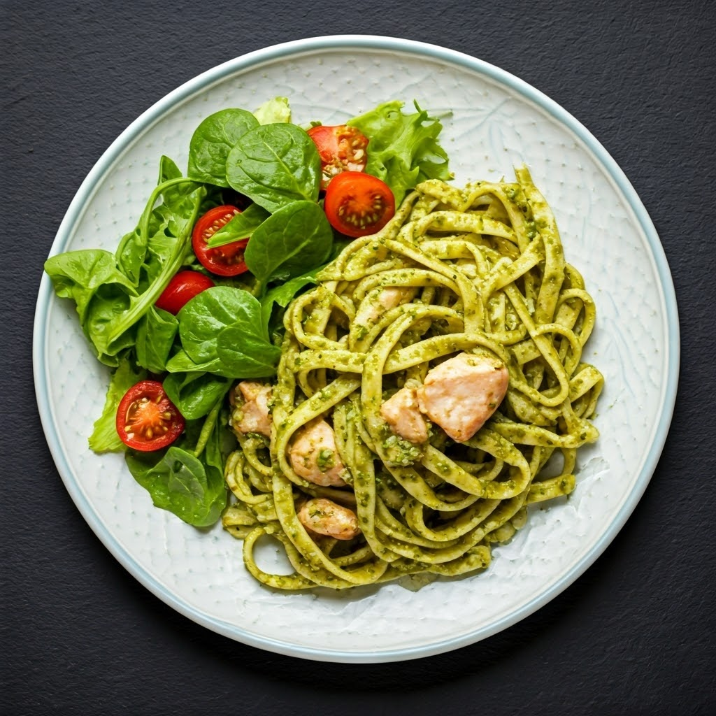 Healthier Pesto Pasta with Side Salad