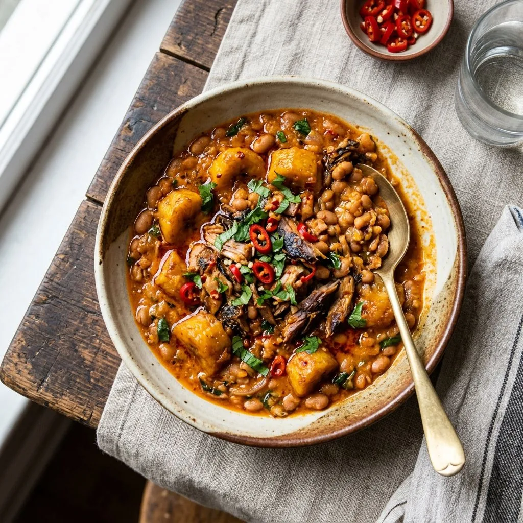 West African Beans Porridge with Plantains and Smoked Fish