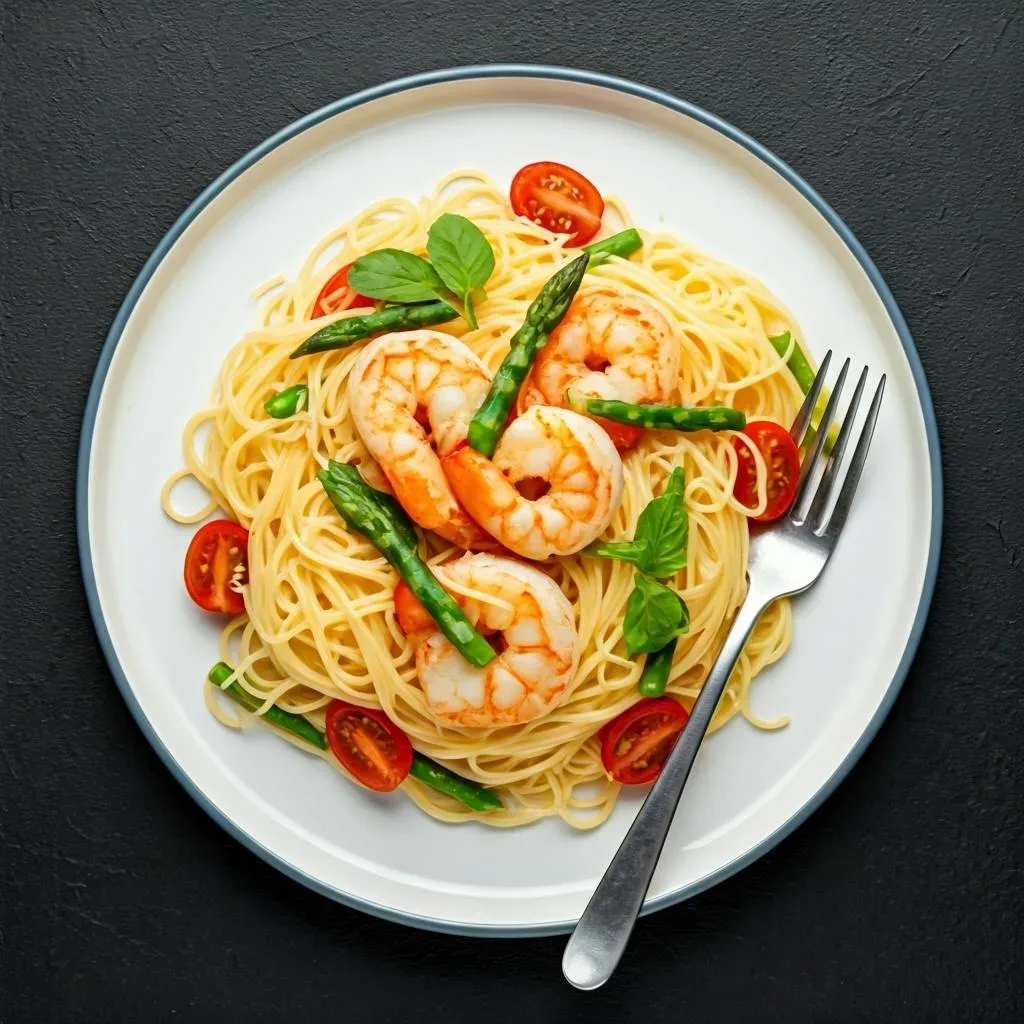 Angel Hair Pasta with Shrimp, Asparagus, and Grape Tomatoes