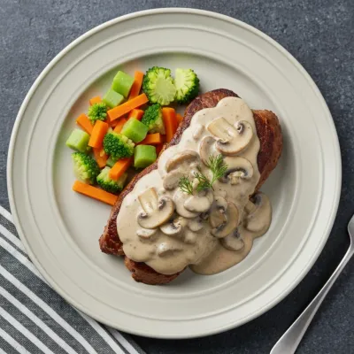 Lite Pan-seared Eye Fillet with Creamy Mushroom Sauce
