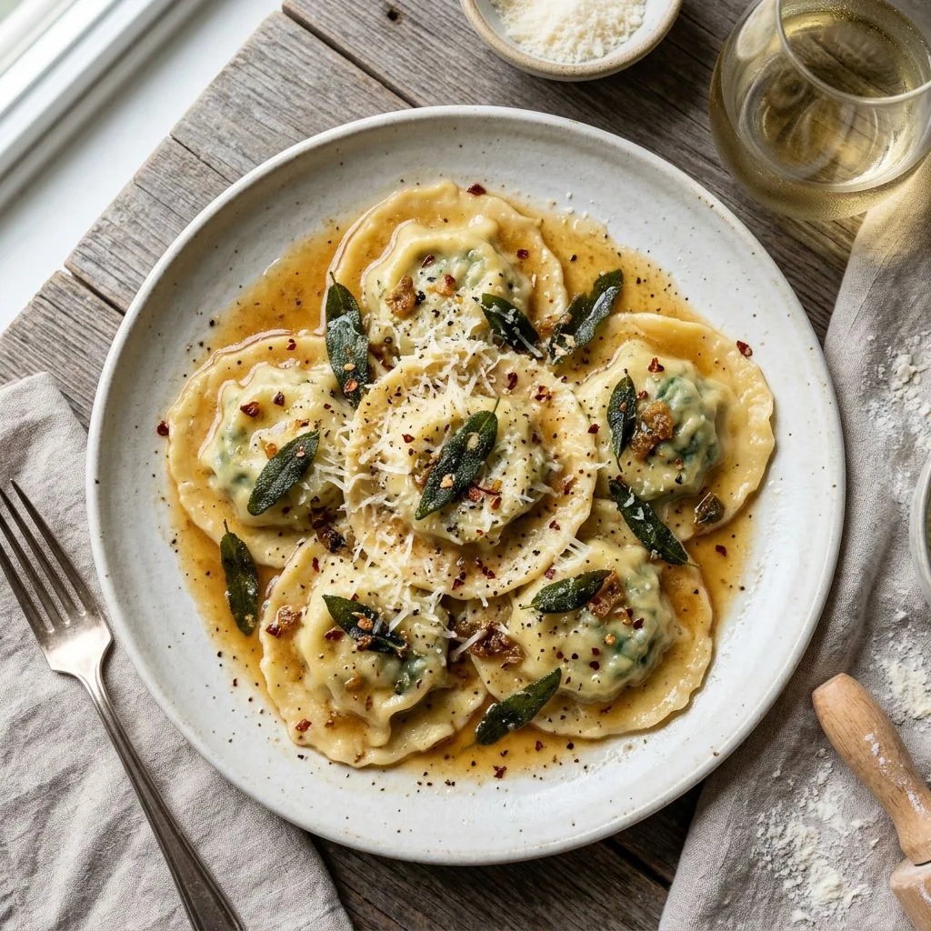 Homemade Spinach and Ricotta Ravioli with Brown Butter Sage Sauce
