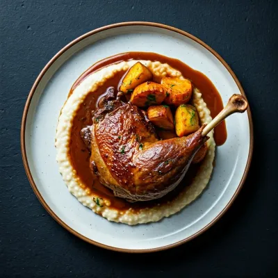 Braised Duck Leg with Rice and Roasted Vegetables