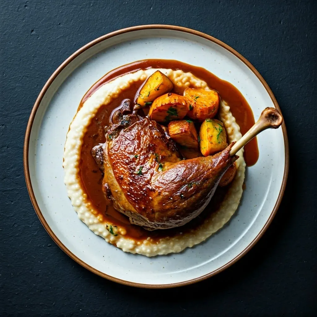 Braised Duck Leg with Rice and Roasted Vegetables