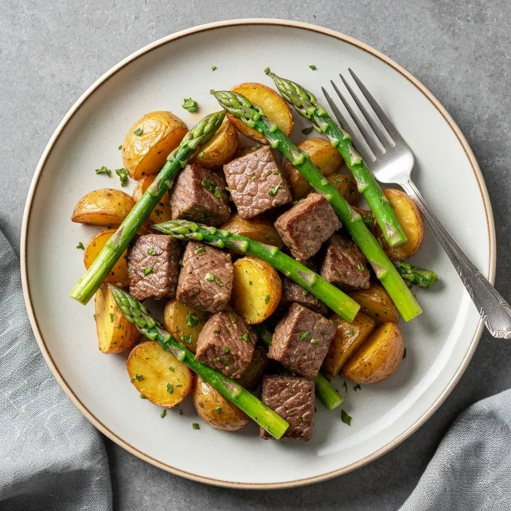Garlic Butter Steak Bites with Crispy Potatoes & Asparagus