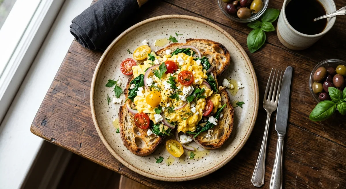 Mediterranean Garden Scramble on Toasted Sourdough