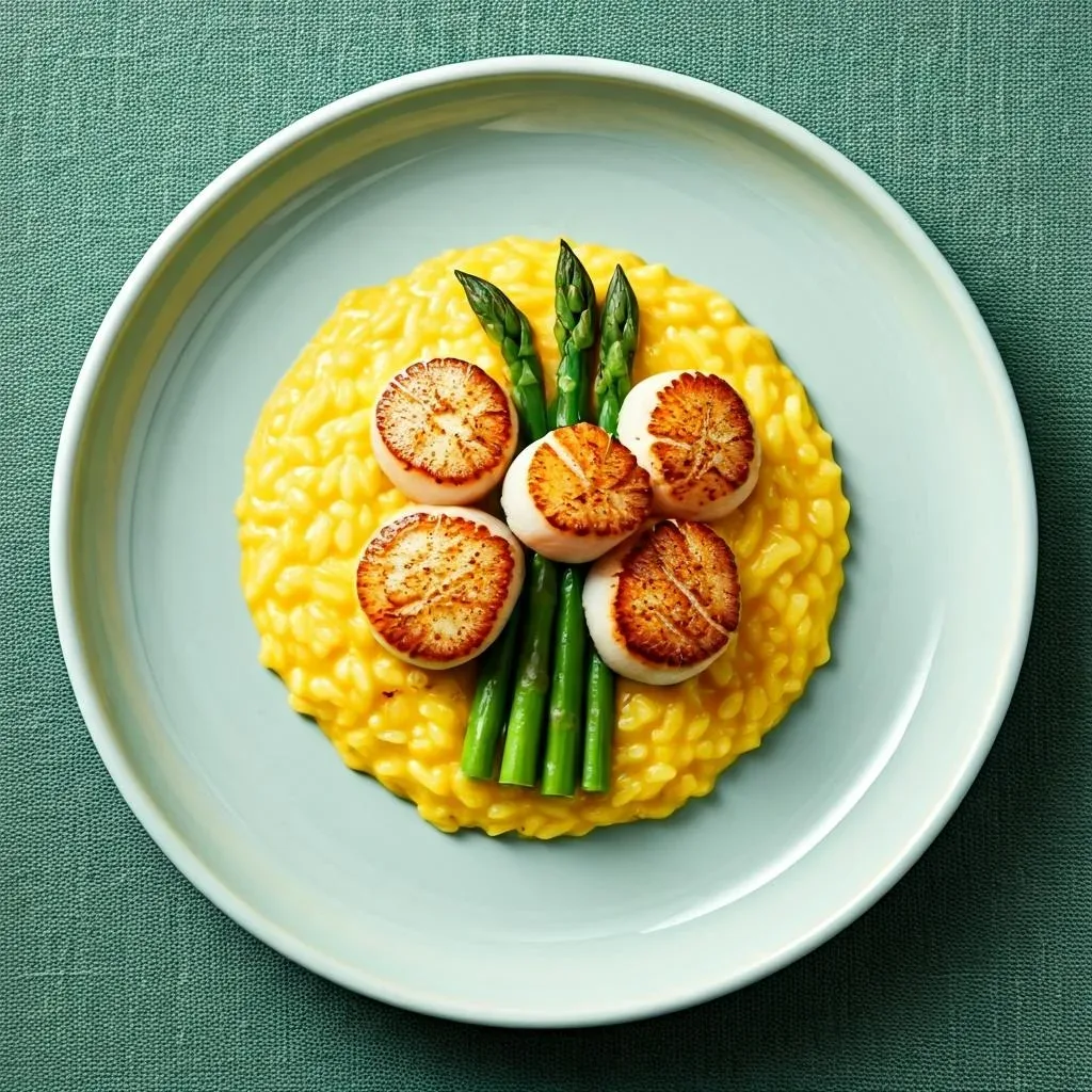 Seared Scallops with Saffron Risotto and Asparagus