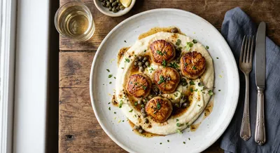 Pan-seared Scallops with Silky Cauliflower Purée and Brown Butter Caper Sauce