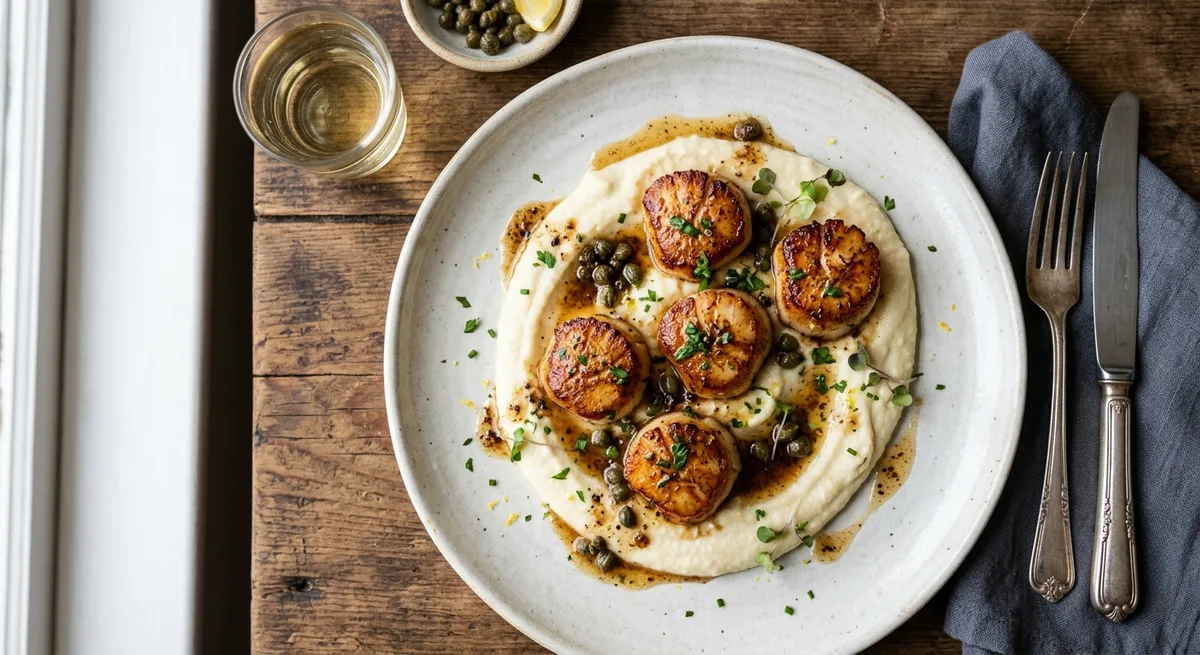 Pan-Seared Scallops with Silky Cauliflower Purée and Brown Butter Caper Sauce