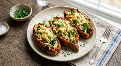 Creamy Chicken & Broccoli Stuffed Sweet Potatoes