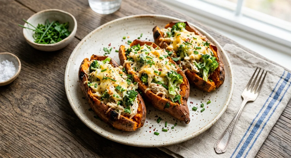 Creamy Chicken & Broccoli Stuffed Sweet Potatoes